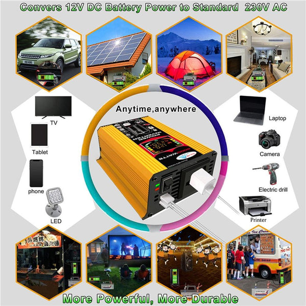 Tang III Generation 12V to 220V 6000W Modified Square Wave Car Power Inverter with LCD Display & Dual USB(Yellow)