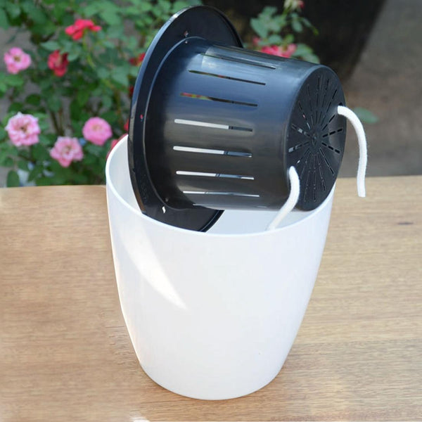 Lazy Flower Pots Automatic Water-absorbing Hydroponic Potted Plants Circular Resin Plastic Flower Pots Double-layer Design Self Watering Planter, Diameter: 13cm, Height: 13.7cm(White)