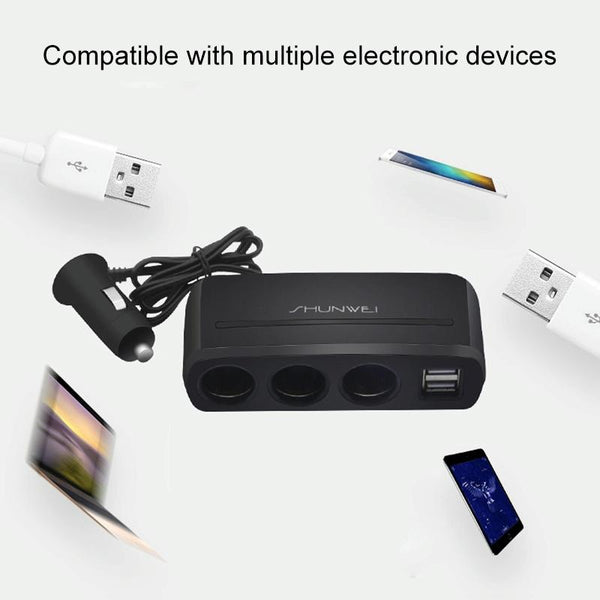 SHUNWEI SD-1939 120W 3A Car Independent Switch 3 in 1 Dual USB Charger Cigarette Lighter (Grey)