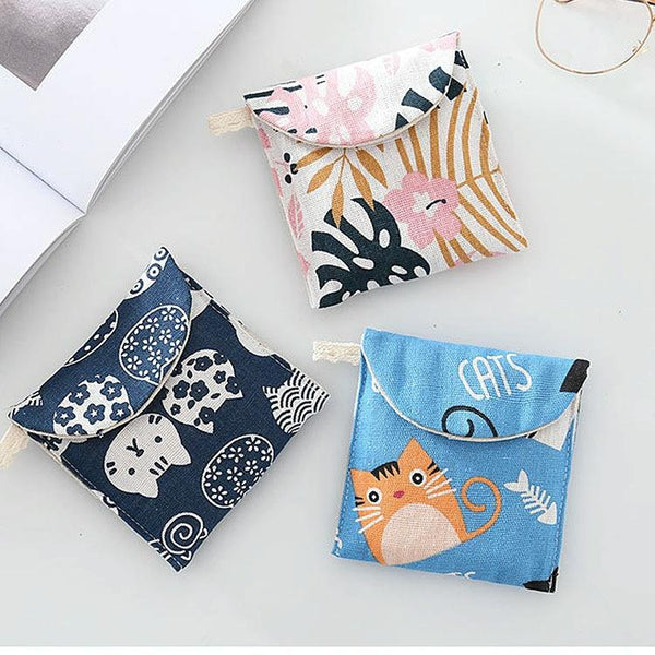 8pcs Cotton and Linen Sanitary Napkin Storage Bag Handy Clutch Bag(Turtle)