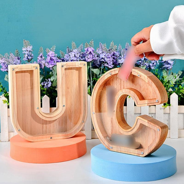 Wooden English Alphabet Piggy Bank Transparent Acrylic Piggy Bank(I)