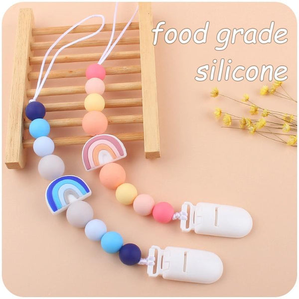 Baby Anti-drop Chain Pacifier Clips Silicone Rainbow Beads Dummy Holder Nipple Clip(Purple)