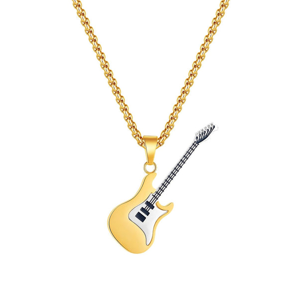 OPK 1989 Personality Stainless Steel Guitar Pendant Titanium Steel Necklace, Color: Gold Pendant+0.4x70cm Pearl Chain