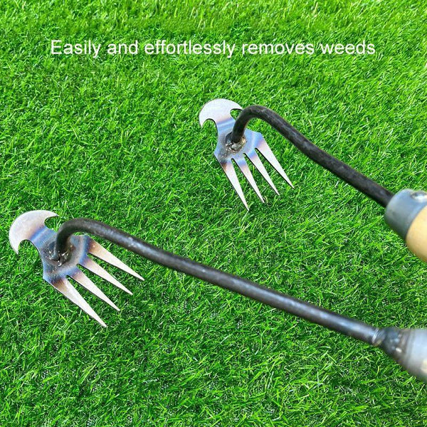Four-Tooth Dual Purpose Weed Remover Tool Gardening Weed Rake Uprooting Weeding Tool, Length: 35cm Galvanized Wood Handle