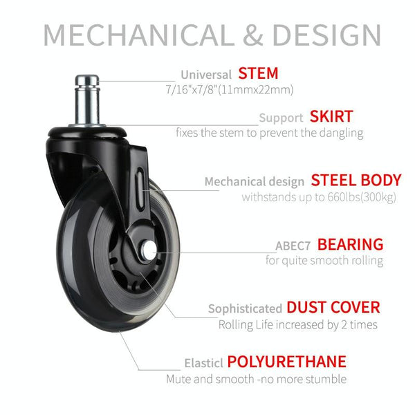 Furniture PU Universal Plug Caster Office Chair Mute Wheel, Size: 2 Inch