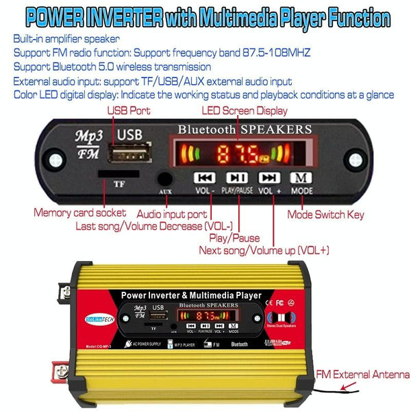 SOLIKE TECH 300W Modified Sine Wave Inverter with Bluetooth MP3/FM Multimedia Player 12V to 220V