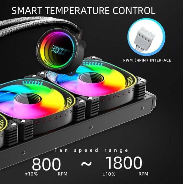 COOLMOON CM-YM-360T Computer ARGB Temperature Display Lens Multi-Platform Integrated CPU Cooler(Black)