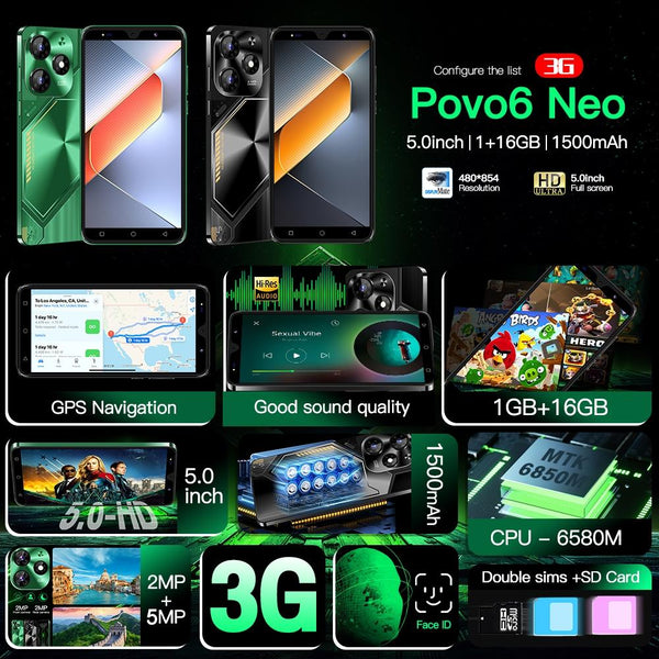 Povo6 Neo / DP29, 1GB+16GB, Face Identification, 5.0 inch Android 8.1 MTK6580M Quad Core, Network: 3G, Dual SIM, Plug:EU Plug(Black)