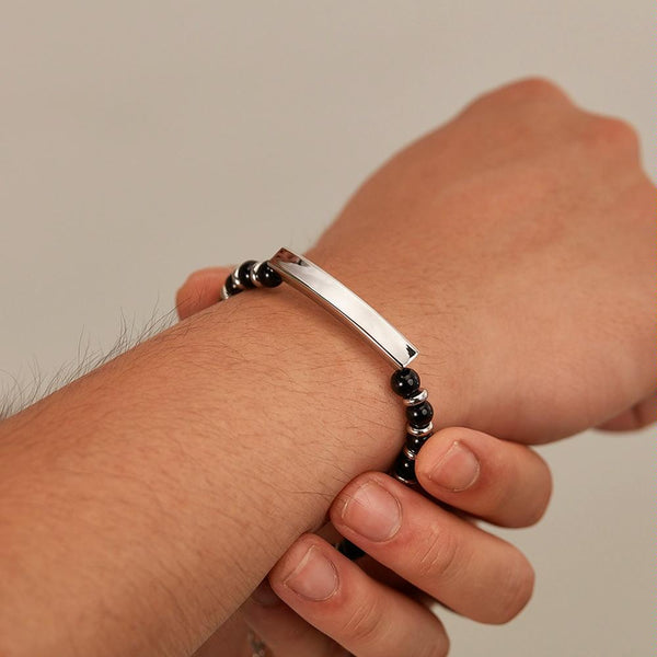OPK GS1552 Stainless Steel Onyx Beaded Bracelet, Color: Steel Color