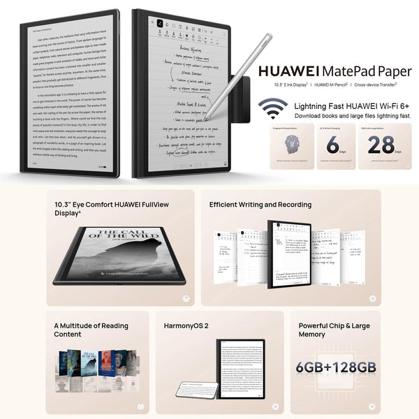 Huawei MatePad Paper HMW-W09 WiFi, 10.3 inch, 6GB+128GB, HarmonyOS 2 HUAWEI Kirin 820E Hexa Core, Support Dual WiFi, OTG, with HUAWEI M-Pencil, Not Support Google Play (Black)