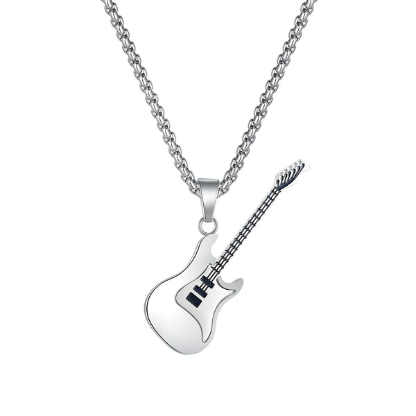 OPK 1989 Personality Stainless Steel Guitar Pendant Titanium Steel Necklace, Color: Steel Color Pendant+0.4x70cm Pearl Chain