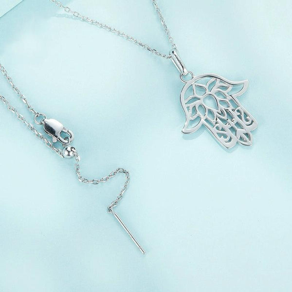 SCN490 Sterling Silver S925 Hand of Fatima Hollow Lotus Plated Platinum Necklace