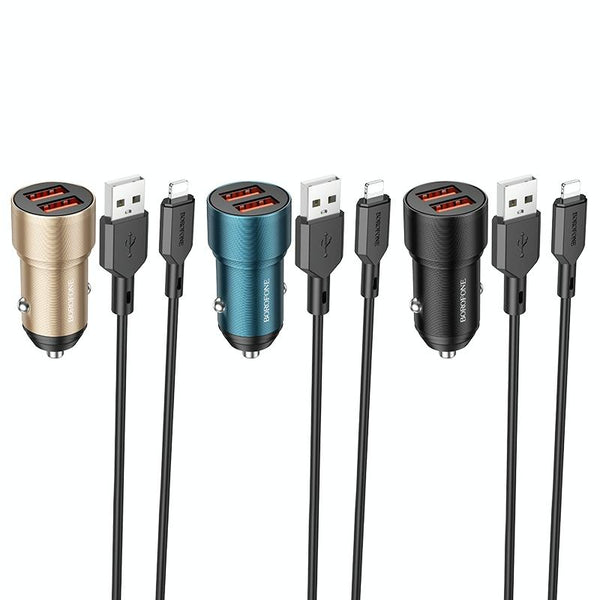 BOROFONE BZ19 Wisdom Dual USB Ports Car Charger with USB to 8 Pin Cable(Gold)