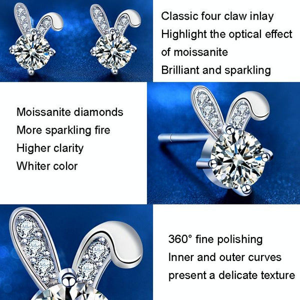 XEA010 S925 Silver Needle Full Diamond Rabbit Earrings Women Mosan Diamond Earrings(White)