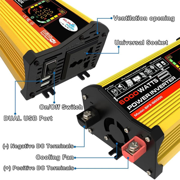 Legend III Generation DC12V to AC220V 6000W Modified Square Wave Car Power Inverter with LED Display(Yellow)