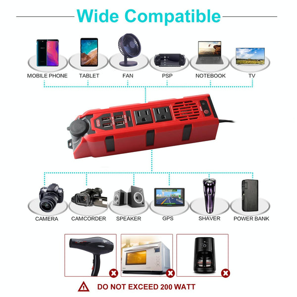 12V to 110V 200W Car Correction Sine Wave Inverter, US Plug