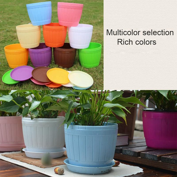 10 PCS Imitation Wooden Barrel Plastic Resin Flower Pot with Tray, Top Diameter: 19cm, Height: 16.5cm(Pink)