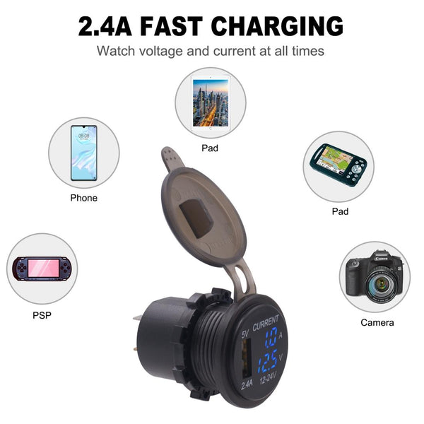 Universal Car Single Port USB Charger Power Outlet Adapter 2.4A 5V IP66 with LED Digital Voltmeter + Ammeter(Blue Light)