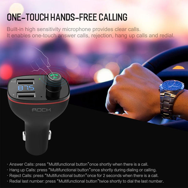 Rock B300 Wireless Bluetooth V4.2 FM Transmitter Radio Adapter Car Charger, With Dual USB Output & Hand-Free Calling, Music Player Support USB Flash Drive & U Disk, Compatible with IOS & Android