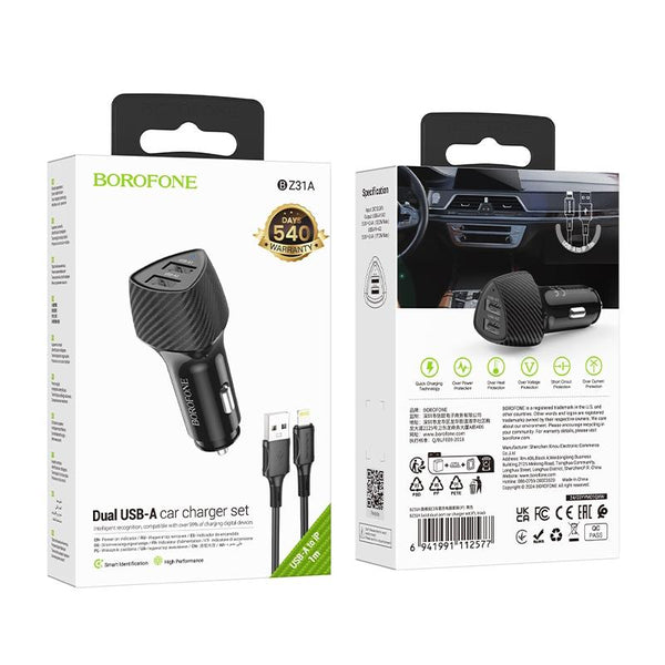 BOROFONE BZ31A Solid Dual-port USB Car Charger Set with USB to 8 Pin Cable(Black)