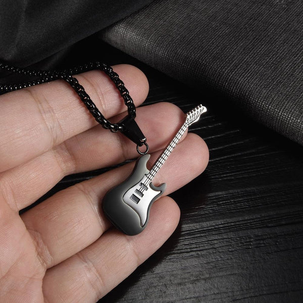 OPK 1989 Personality Stainless Steel Guitar Pendant Titanium Steel Necklace, Color: Steel Color Pendant+0.3x55cm Pearl Chain