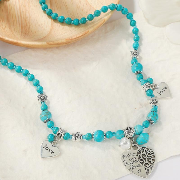 Bohemian Turquoise Natural Stone Sweater Vintage Pendant, Model: N2203-16 Alloy Peach Heart