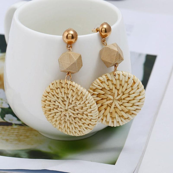 E2002-14 Prongs+Big Circle Bamboo Vine Handmade Woven Earrings Bosomia Style Earrings