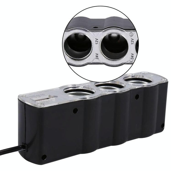 WF-0120 12V / 24V 3 Way Triple Sockets USB Car Cigarette Lighter Socket Splitter Charger(Black)