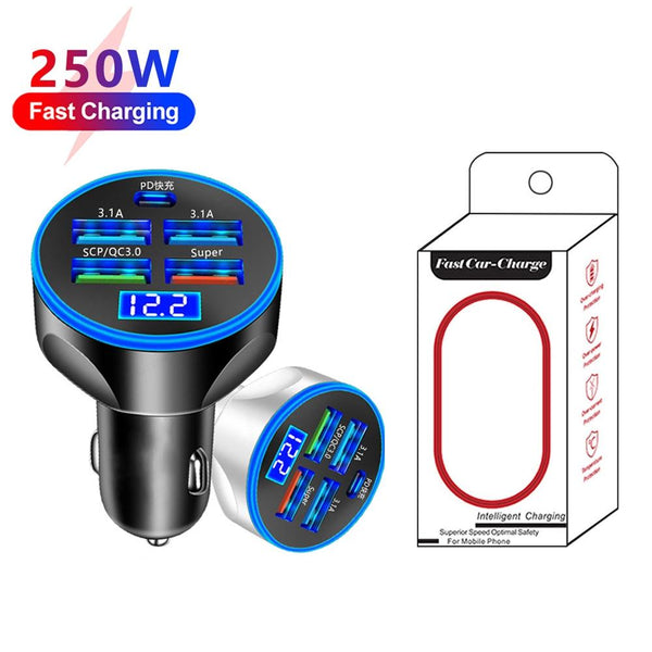 WGS-G37 5 in 1 Digital Display Super Fast Charging Car Charger with Voltmeter (Black)