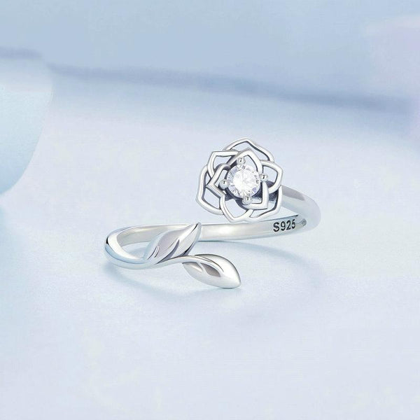 BSR325 Sterling Silver S925 Silver Camellia Zirconia Ring(Open Adjustable)