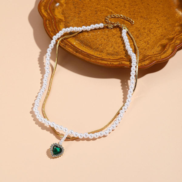 N2209-5 Double-layer Green Love Ladies Temperament Necklace Collarbone Chain