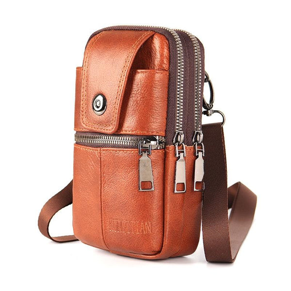 KUNQITIAN Mobile Phone Waist Bag Belt Leather Case With Shoulder Strap, Size: L(Brown Yellow)