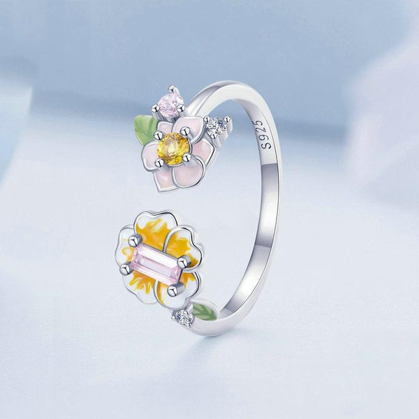 BSR342 Sterling Silver S925 Beautiful Flower Plated Platinum Open Ring