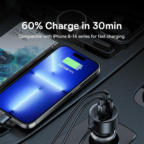 Baseus High Efficiency Pro 30W 2 in 1 Car Cigarette Lighter Expand with 4 Output Ports(Black)