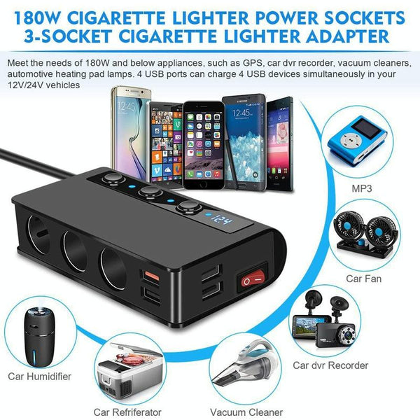 TR24 3 In 1 Car Cigarette Lighter Independent Switch Charger(Black)