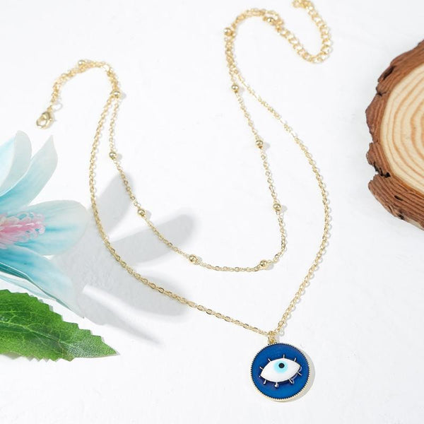 Angel Eyes Pendant Layered Necklace, Model: N2106-8 Blue Bottom Blue Eye Double-Layer Chain