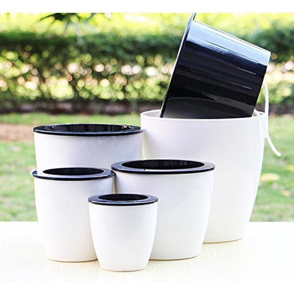 Lazy Flower Pots Automatic Water-absorbing Hydroponic Potted Plants Circular Resin Plastic Flower Pots Double-layer Design Self Watering Planter, Diameter: 15cm, Height: 15.5cm(White)