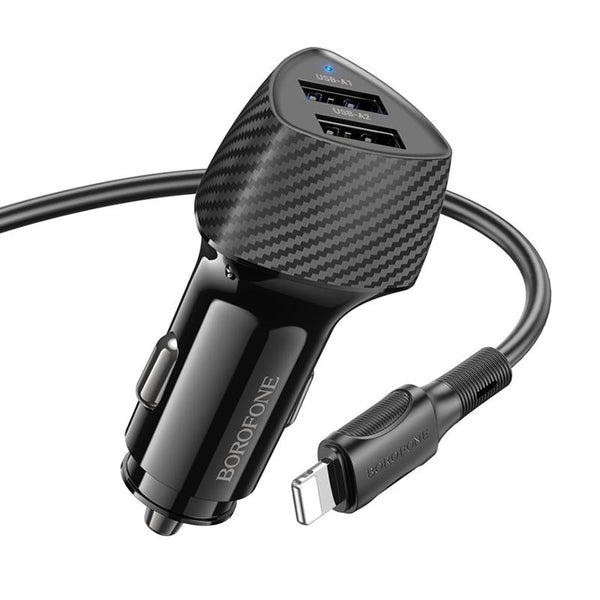 BOROFONE BZ31A Solid Dual-port USB Car Charger Set with USB to 8 Pin Cable(Black)
