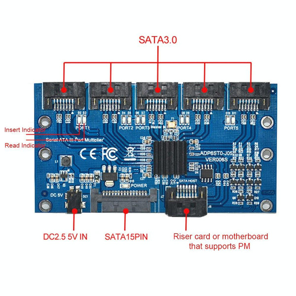 SATA2.0 3Gbps JMB321 Chip SATA Expansion Card 1 to 5 Port Riser Card
