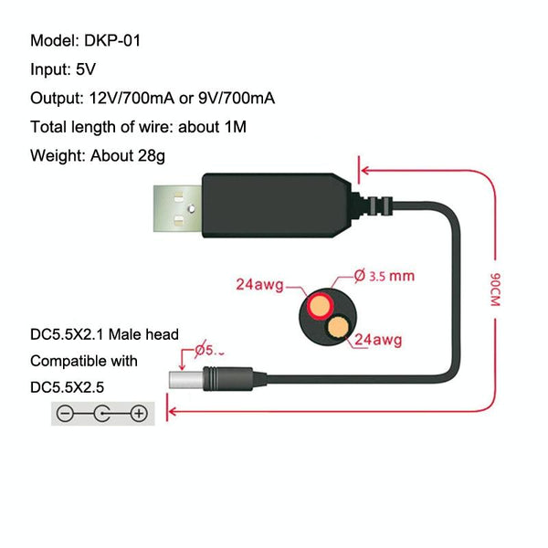 2pcs DC 5V To 12V USB Booster Cable Mobile Power Router Power Cord