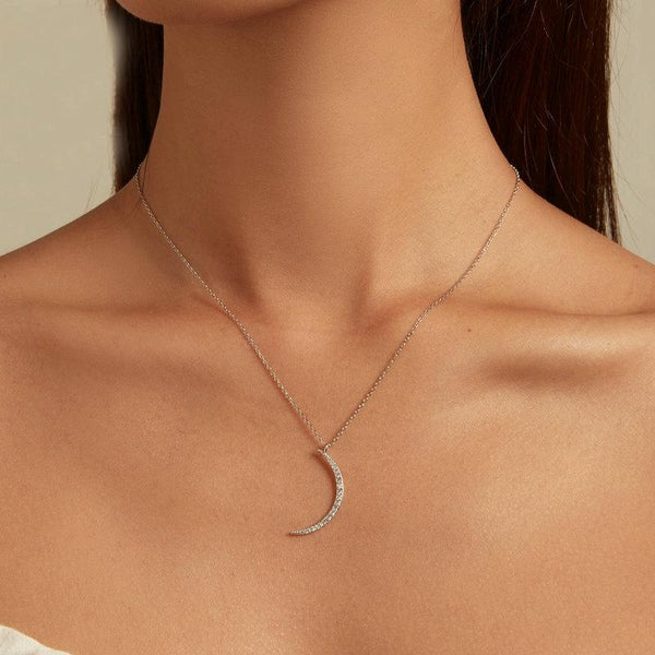 BSN286 Sterling Silver S925 White Gold Plated Zircon Crescent Pendant Necklace
