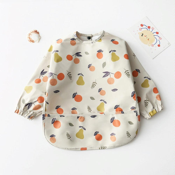 Long Sleeved Baby Bib Waterproof Washable Easy Clean Smock With Pocket, Size: L(Pear Orange)