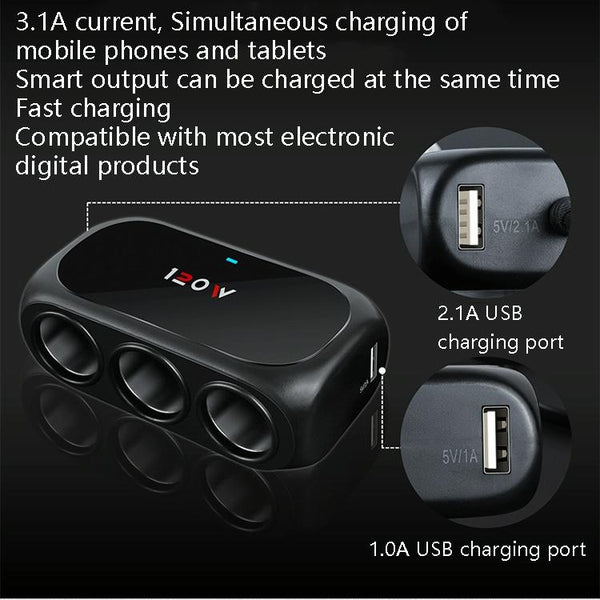Car Charger Cigarette Lighter 1 In 3 Mobile Phone USB Car Charger(Black)