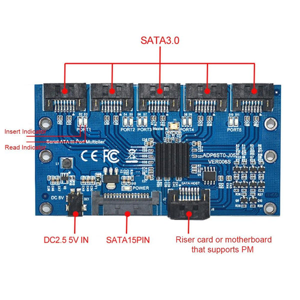 SATA3.0 6Gbps JMB575 Chip SATA Expansion Card 1 to 5 Port Riser Card