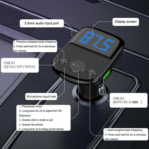LDNIO C706Q QC3.0+AUTO-ID Car Bluetooth FM Music Digital Display Car Charger with Micro USB Cable