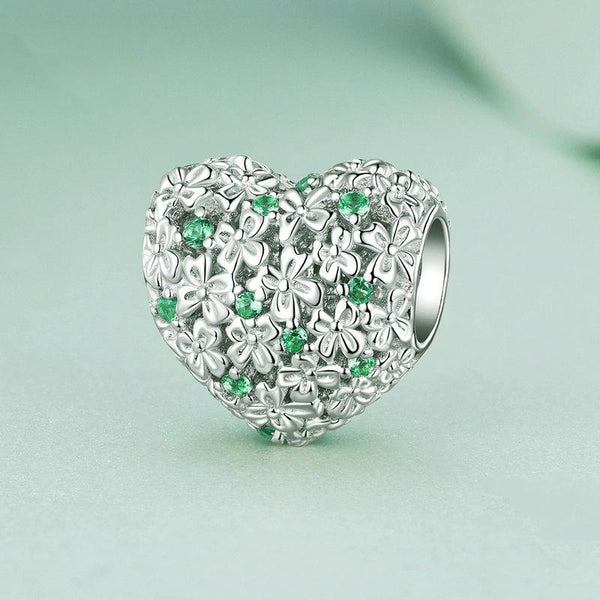 BSC760 S925 Sterling Silver Lucky Heart Green Zircon Clover Beads
