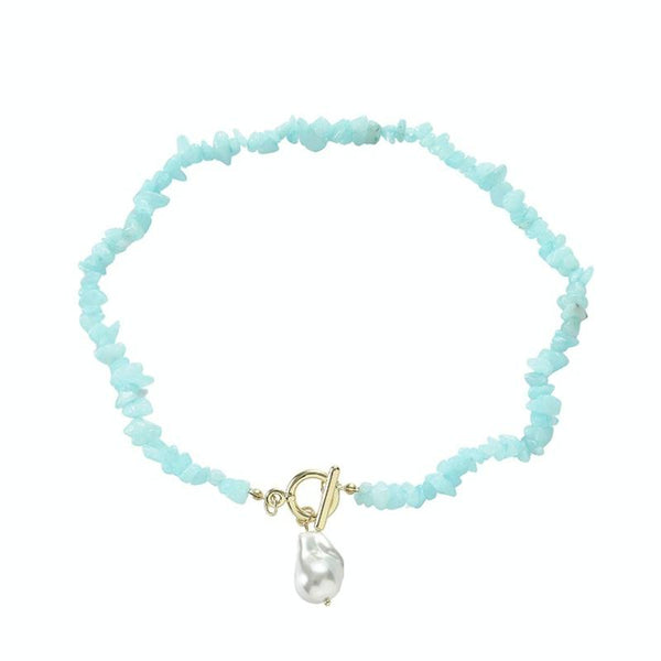 Boho Colorful Broken Natural Stone Necklace, Model: N2206-9 Light Blue Stone