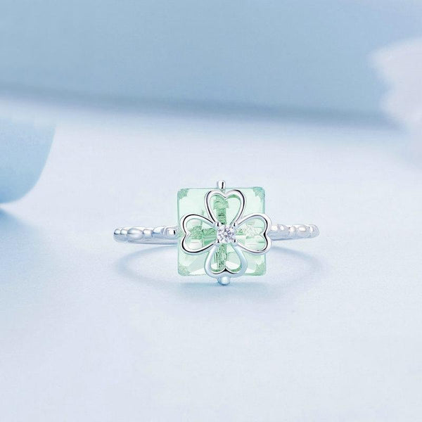 BSR339 Sterling Silver S925 Verdant Four Leaf Clover Ring White Gold Plated(No.6)