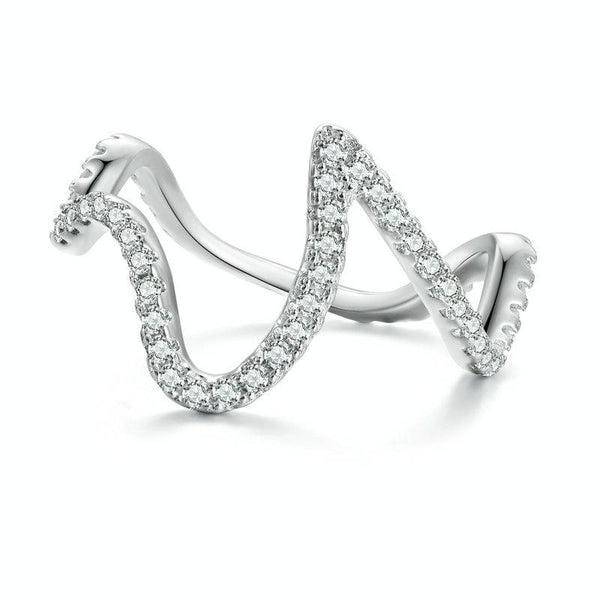 BSR314 Sterling Silver S925 Simple Geometric Wavy White Gold Plated Zircon Ring(No.9)