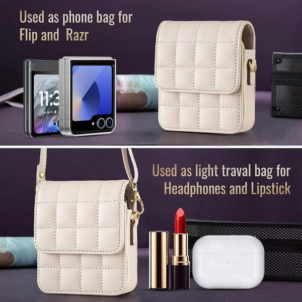 For Samsung Galaxy Z Flip6 BFB04 Plaid Crossbody Fold Phone Bag(Beige)